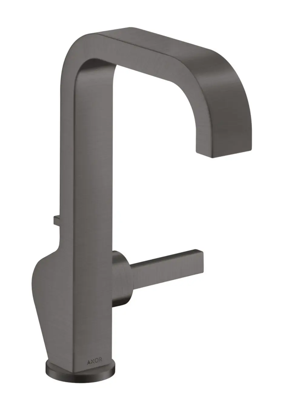 Einhebel-Waschtischmischer von AXOR mit abgerundetem Auslauf und seitlichem Hebel, in Brushed Black Chrome mit Anschluss für eine Zugstangen-Ablaufgarnitur.